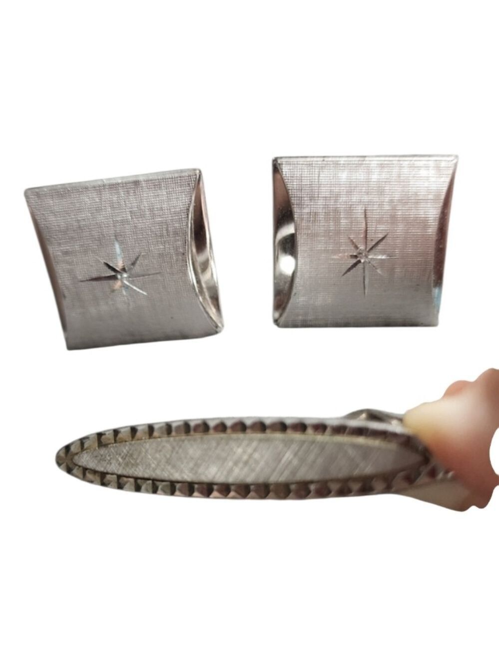 Swank Silvertone Brushed CuffLinks with Etched Starburst & Tie Clip Set- Vintage